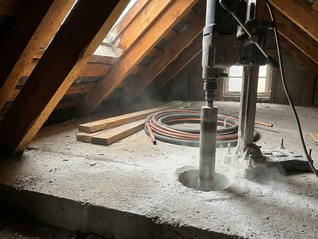 Betonboor die een rond gat boort in een dikke vloerplaat, met wit stof en een gerolde koelleiding ernaast, ruwe houten dakbalken op achtergrond.