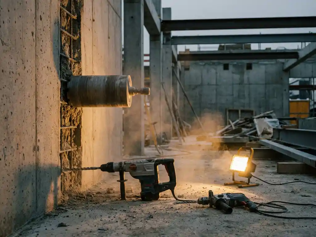Diamantboorbit in betonwand met twee boormachines op stoffige werkvloer, betonresten en staalwapening op de achtergrond.