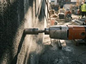 Elektrische betonboormachine met diamantboor tegen ruwe betonmuur op bouwplaats, grijs stof zichtbaar in de lucht.