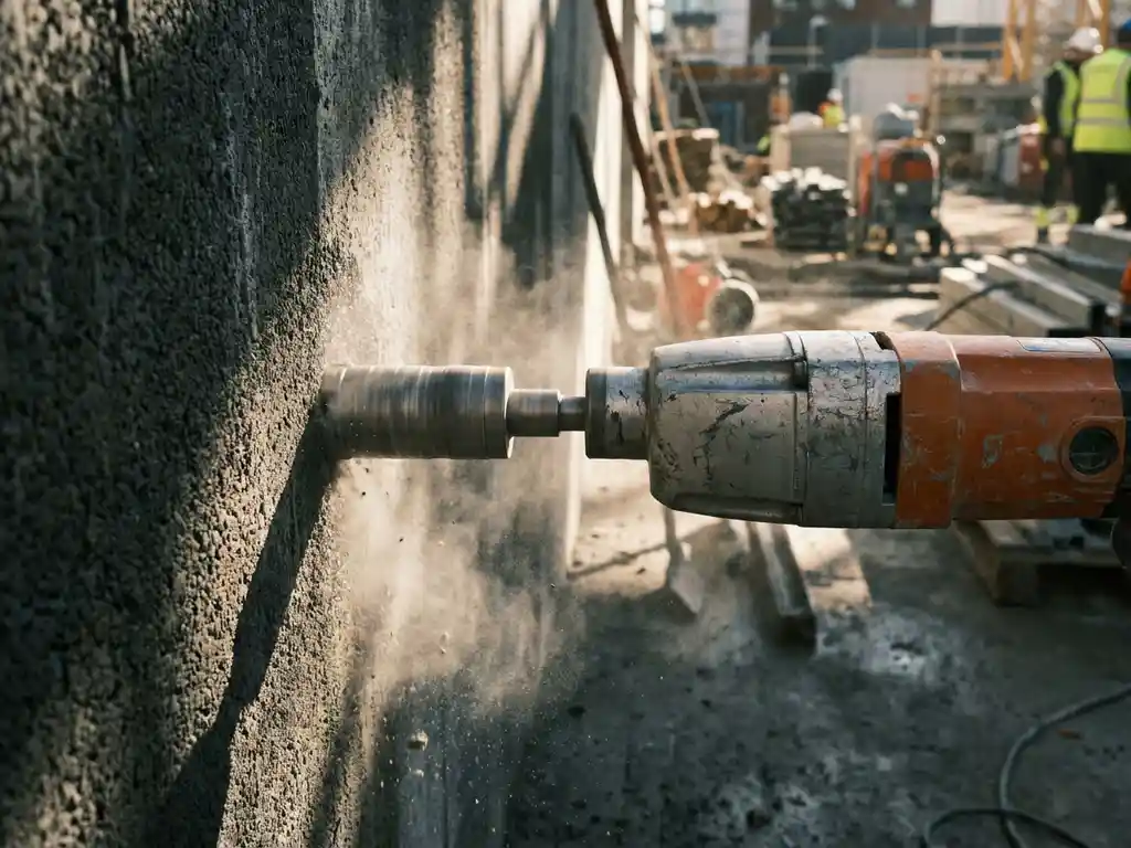 Elektrische betonboormachine met diamantboor tegen ruwe betonmuur op bouwplaats, grijs stof zichtbaar in de lucht.