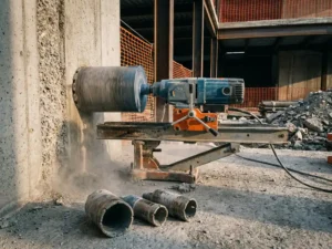 Betonkernboor op stalen rig tegen ruwe betonmuur, met drie diamantboren van oplopende diameter op de vloer.