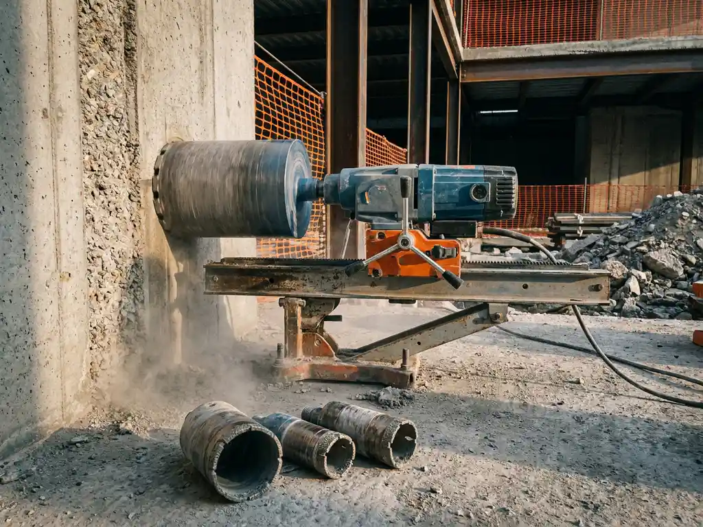 Betonkernboor op stalen rig tegen ruwe betonmuur, met drie diamantboren van oplopende diameter op de vloer.