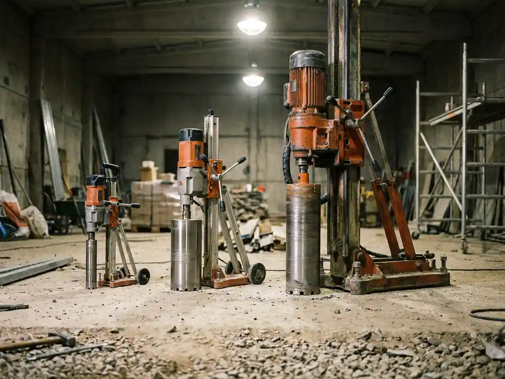 Betonkernboor machines op betonvloer van klein tot groot, met glanzende diamantboren onder industriële verlichting.