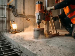 Betonkernboor die een cirkelvormig gat boort in gewapende betonvloer, met grijs stof rond de snijranden op industriële werklocatie.