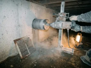 Professionele betonboor die een rond gat maakt in een funderingsmuur op kruipruimteniveau, omgeven door grijs betonstof.
