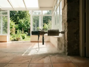 Professional concrete drill drilling a round hole in masonry, with terracotta tiles and a green garden in the background.