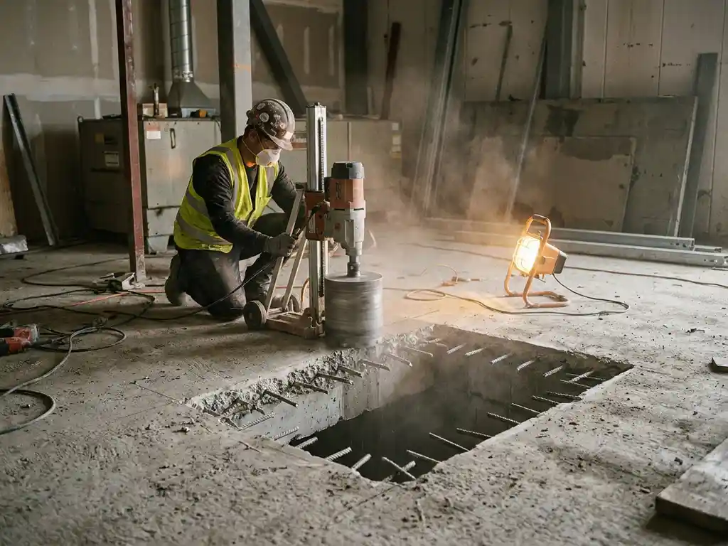 Vakman boort met diamantboor een rechthoekige trapgatopening in gewapende betonvloer, betonpoeder en zichtbaar rebar aan snijranden.