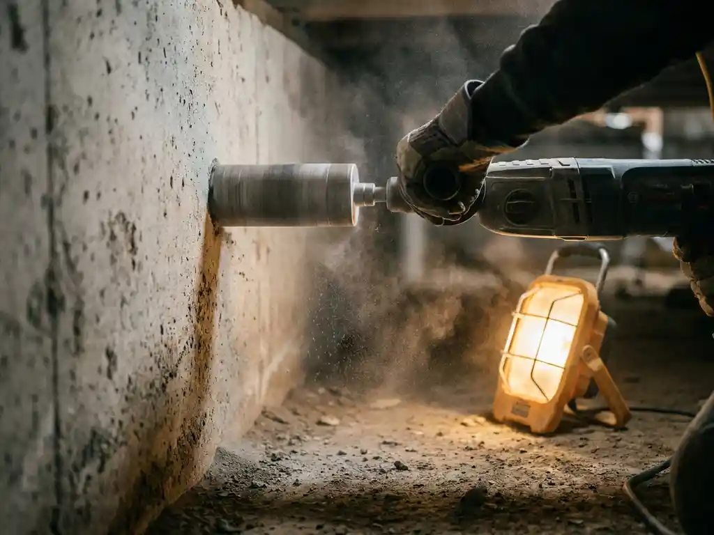 Betonboor die een ventilatieopening maakt in een funderingsmuur, stofdeeltjes in de lucht, werker met handschoenen in een kruipruimte.