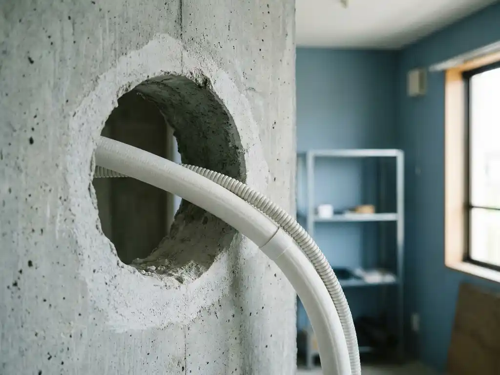 Wit airconditioning-pijp door een vers geboord gat in een dikke betonnen muur, met zichtbare binnenruimte op de achtergrond.