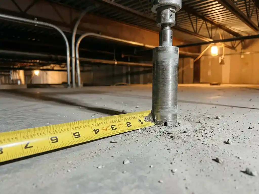 Diamantboor in dunne betonvloer met betongruis en meetlint dat geringe plaatdikte toont, industriële werkruimte.