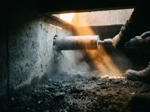 Betonboor die een ventilatieopening boort in kruipruimtemuur, stofdeeltjes zichtbaar in lichtstraal, ruw betonoppervlak met vochtige ondergrond.