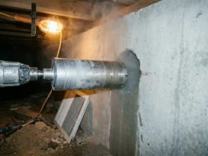 Diamantboor die een precies gat boort in een betonnen funderingsmuur op kruipruimteniveau, met fijn betongruis in de lucht.