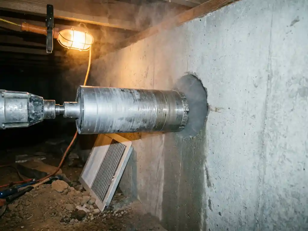 Diamantboor die een precies gat boort in een betonnen funderingsmuur op kruipruimteniveau, met fijn betongruis in de lucht.