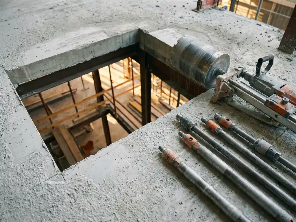 Vers geboorde rechthoekige trapgat in betonvloer met diamantboormachine en stofresidu op grijze betonplaat.