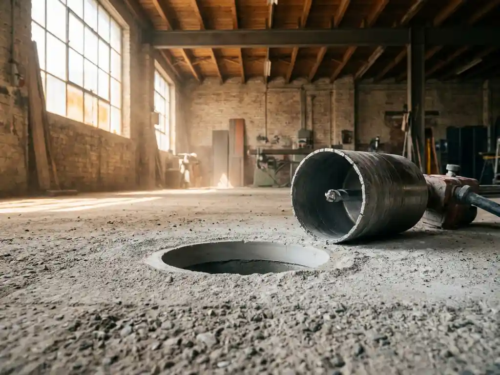 Circulair gat in betonvloer na kernboring, met diamantboor ernaast en fijn grijs stof op ruw beton.