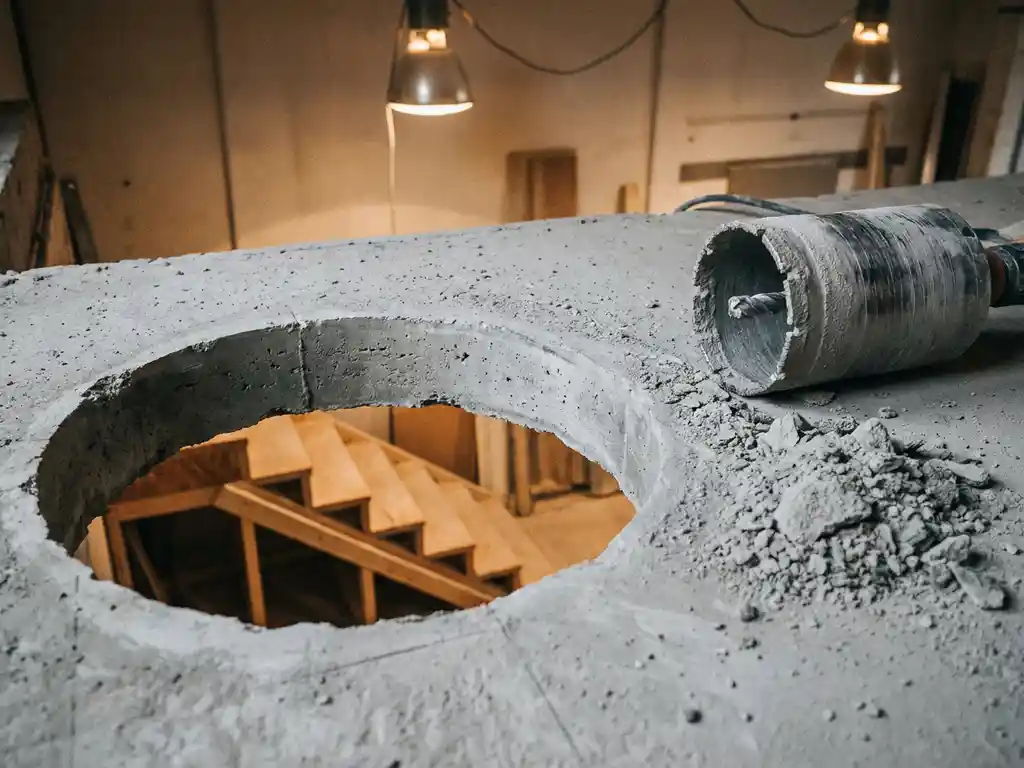 Vers geboord trapgat in betonvloer met diamantboorbit ernaast, betongruis en houten trapconstructie zichtbaar daaronder.