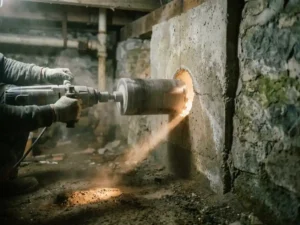 Betonboor die een ventilatieopening maakt in een dikke funderingsmuur in een vochtige kruipruimte, warm licht door het gat.
