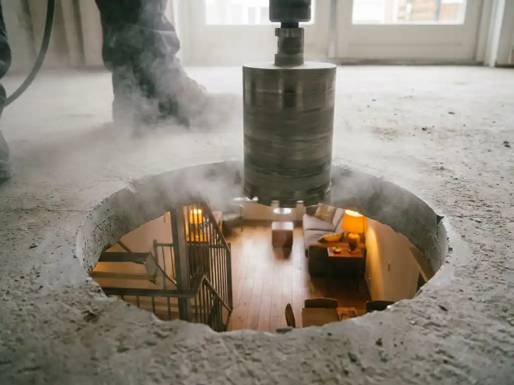 Betonboor die een rond gat in een dikke betonnen vloerplaat boort, met grijs stof rond de opening en trapgat zichtbaar in rijtjeshuis.