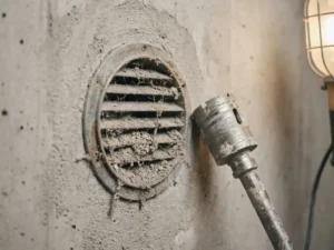 Verstopt ventilatieroosters in betonnen muur met fijn stof en puin, diamantboor leunt ertegenaan.