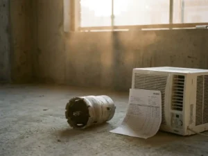 Diamond core drill on concrete floor next to invoice and small air conditioning unit, dust in warm afternoon light on construction site.