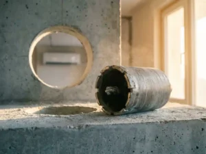 Diamant kernboor op betonvlak naast vers geboord gat met wandairco zichtbaar op de achtergrond, betonboor werkzaamheden.