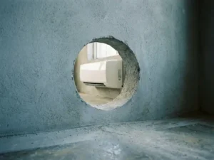 Vers geboord gat in betonnen muur met witte airconditioning zichtbaar erdoorheen, betonpoeder op grijze vloer.