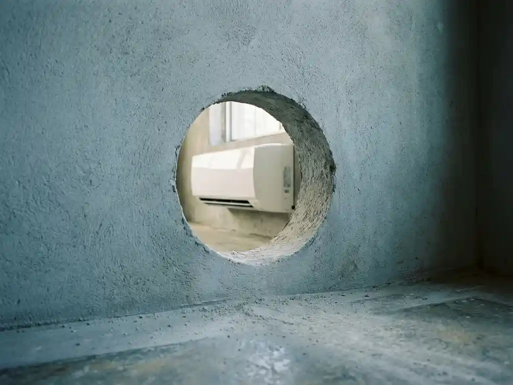 Vers geboord gat in betonnen muur met witte airconditioning zichtbaar erdoorheen, betonpoeder op grijze vloer.