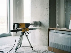 Professionele betonboor die een rond gat boort in een dikke betonnen muur, met wit stof op de vloer en een airco-unit klaar voor installatie.