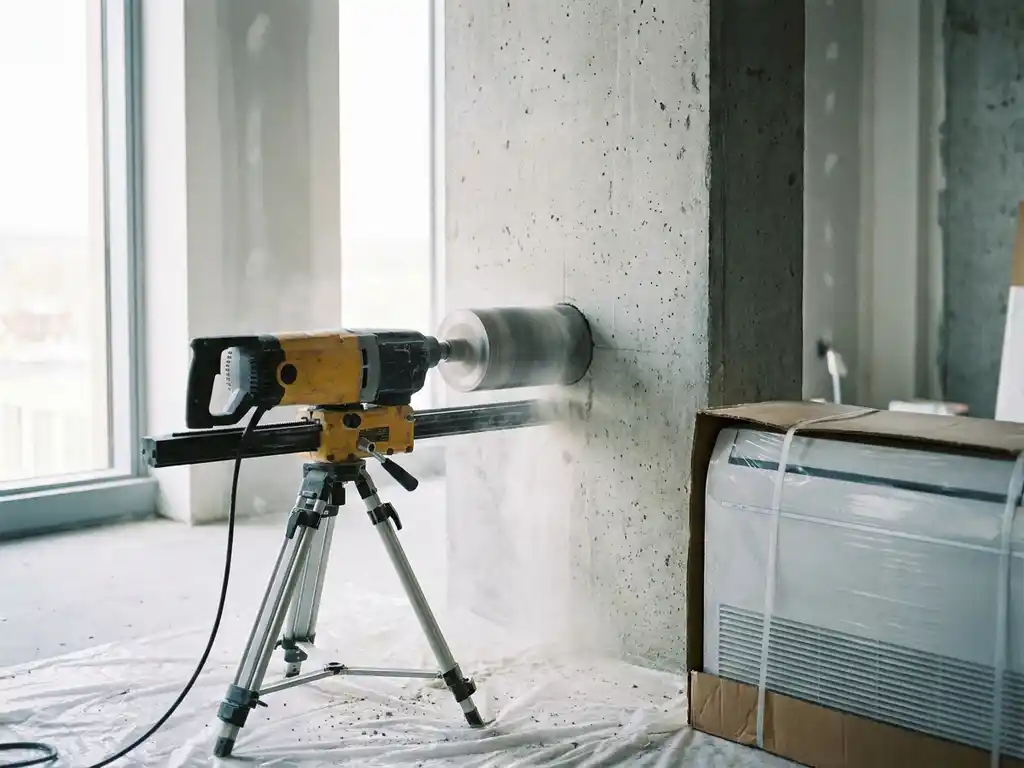 Professionele betonboor die een rond gat boort in een dikke betonnen muur, met wit stof op de vloer en een airco-unit klaar voor installatie.