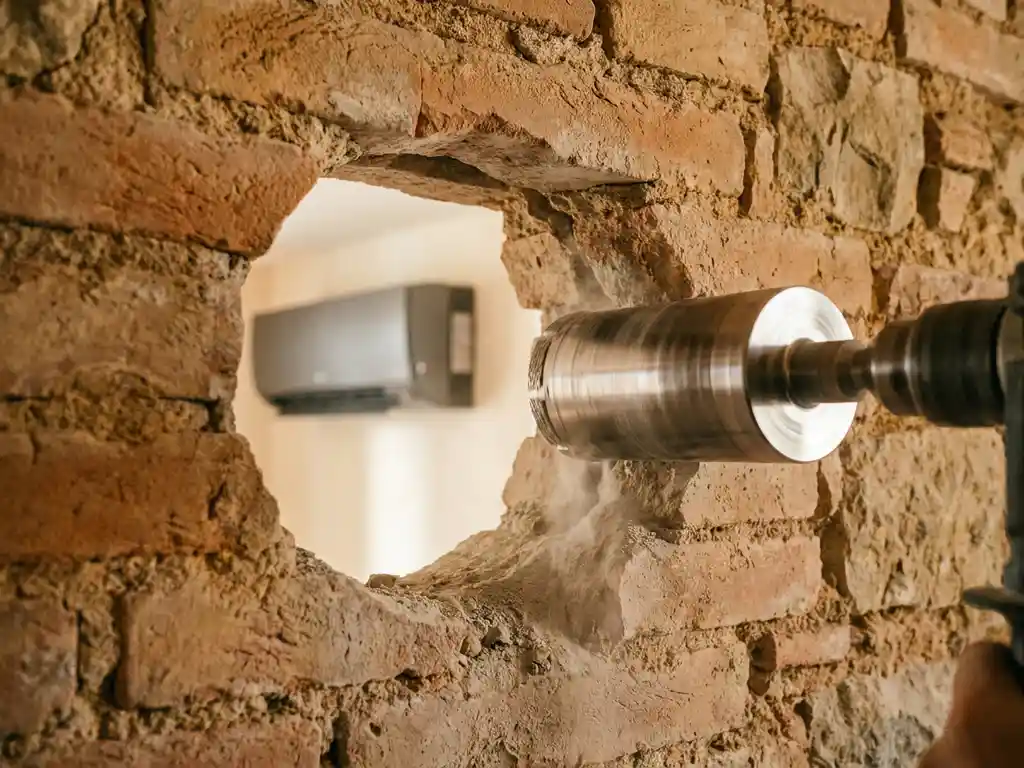 Diamantboor die een precies gat boort in historische bakstenen muur, met moderne airco zichtbaar op de achtergrond.