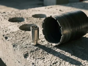 Small and large diamond core drill side by side on a concrete floor with fresh boreholes and gray concrete debris.