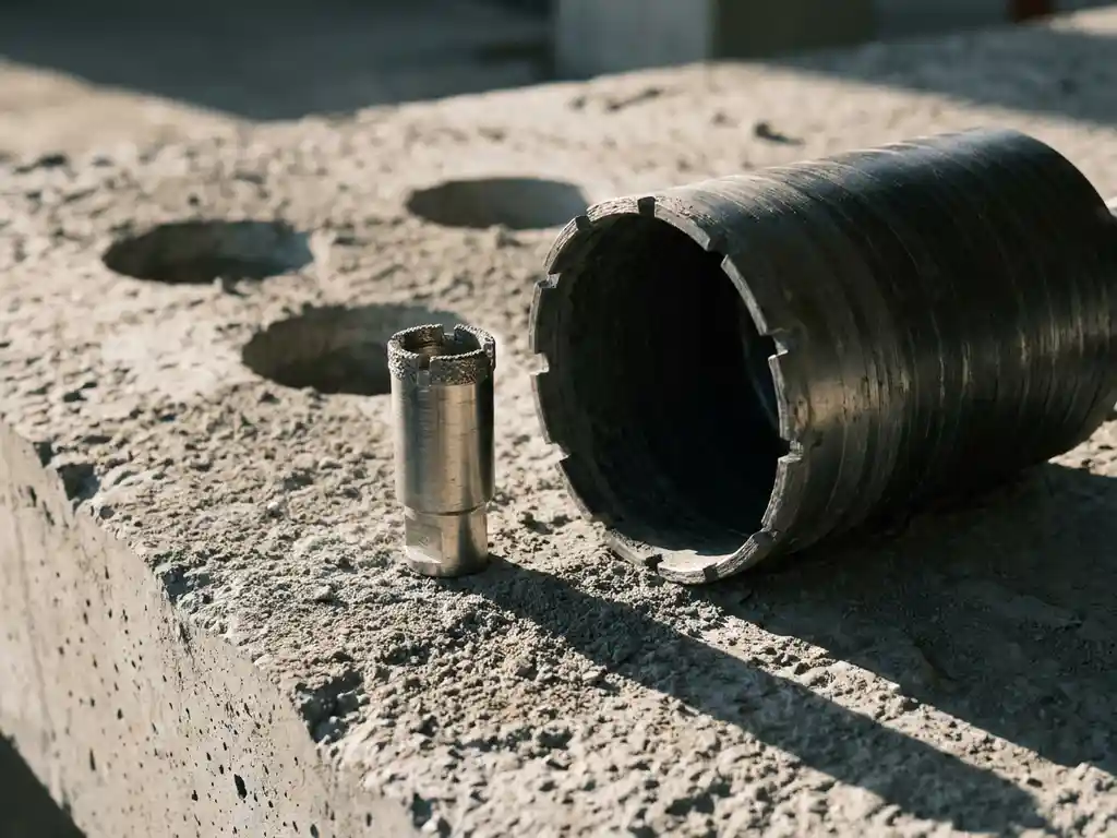 Kleine en grote diamant kernboor naast elkaar op betonvloer met verse boorgaten en grijs betongruis.