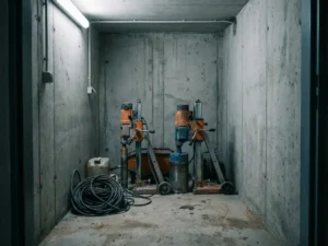 Twee compacte diamantboormachines naast elkaar op een betonnen vloer in een kleine installatieruimte, met opgerolde kabels en waterreservoir.