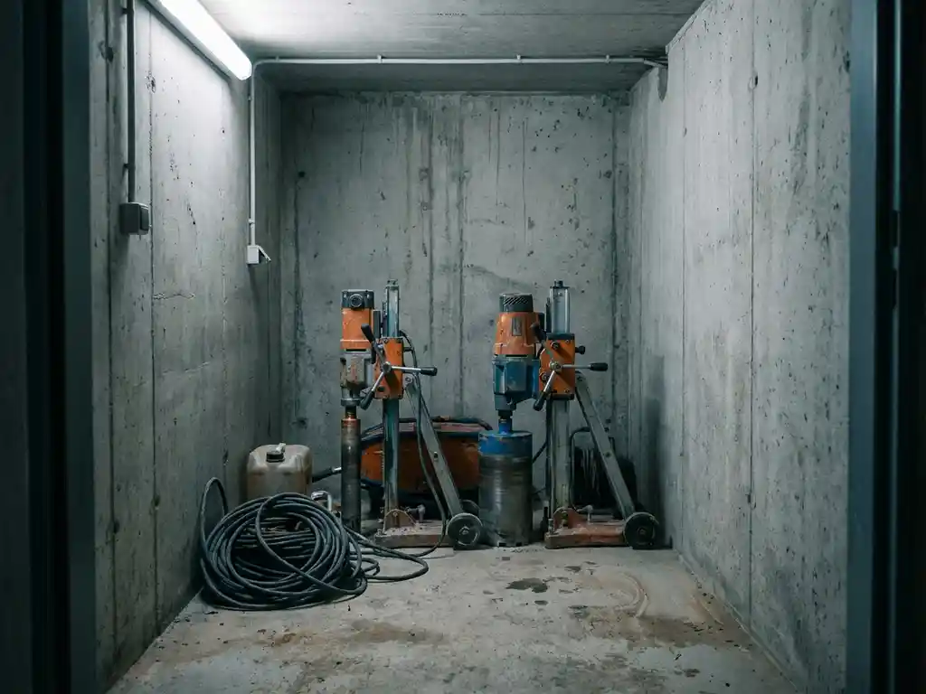 Twee compacte diamantboormachines naast elkaar op een betonnen vloer in een kleine installatieruimte, met opgerolde kabels en waterreservoir.