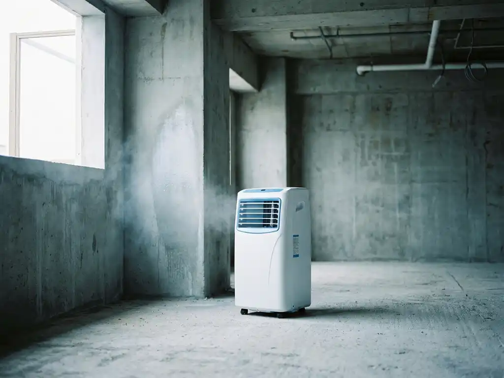Draagbare airconditioner op betonvloer in ruw afgebouwd interieur met zichtbare betonnen wanden en plafond.