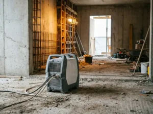 Draagbare airconditioner op stoffige betonvloer van actieve bouwplaats, met ruw beton en zichtbaar wapeningsstaal op de achtergrond.