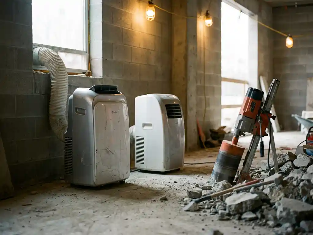 Twee draagbare airconditioners op een stoffige betonvloer van een actieve bouwplaats, met een diamantboormachine en betonpuin op de achtergrond.