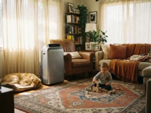 Draagbare airco in een gezinswoonkamer met spelend kind op kleurrijk tapijt en slapende golden retriever in de hoek.