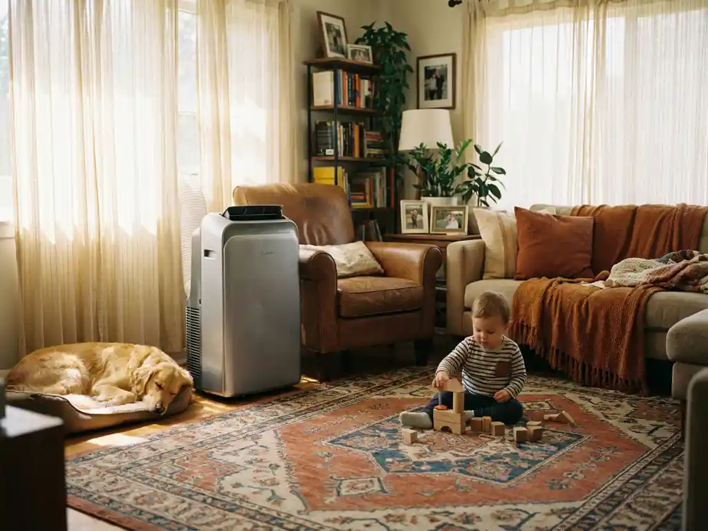 Draagbare airco in een gezinswoonkamer met spelend kind op kleurrijk tapijt en slapende golden retriever in de hoek.