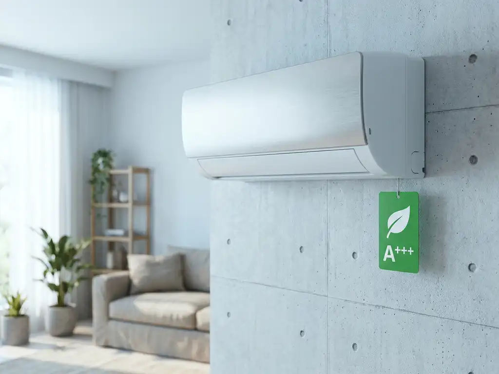 Moderne airconditioning gemonteerd op betonnen muur met groen energielabel, natuurlijk daglicht in woonkamer.