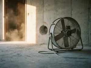 Industriële vloerventilator op stoffige betonvloer bij bouwplaats, met vers geboord gat in betonnen muur en warm tegenlicht.