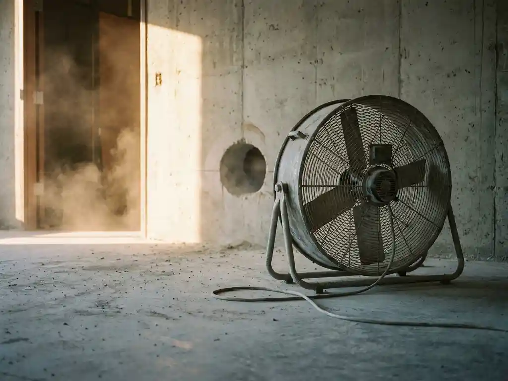 Industriële vloerventilator op stoffige betonvloer bij bouwplaats, met vers geboord gat in betonnen muur en warm tegenlicht.