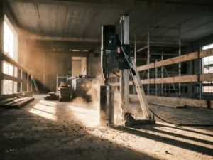 Verticale kernboorma­chine met diamantboor op onbewerkte betonvloer in Nederlandse bouwplaats, betonst­of zweeft in de lucht.
