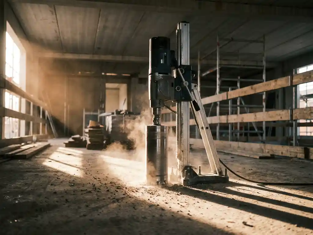 Verticale kernboorma­chine met diamantboor op onbewerkte betonvloer in Nederlandse bouwplaats, betonst­of zweeft in de lucht.
