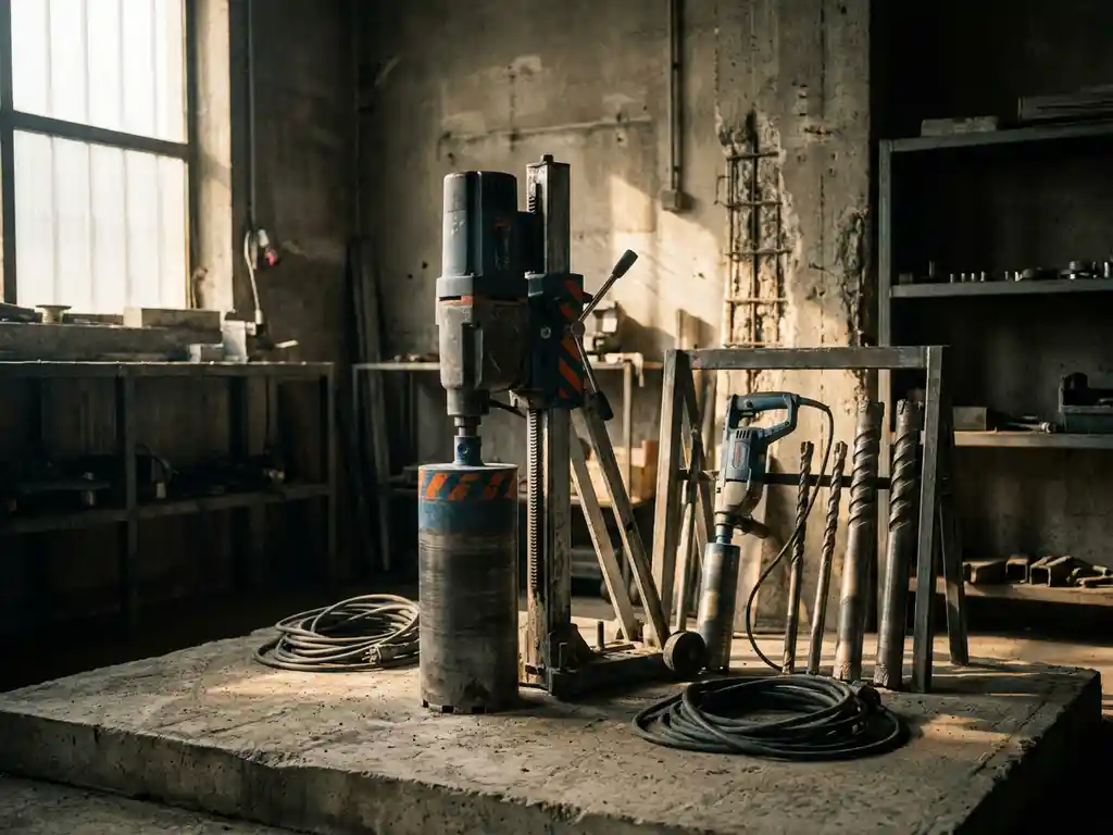 Zwaar betonboormachine op ruw betonnen vloer naast elektrische variant, met diamantboren en kabels in industriële werkplaats.