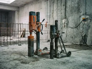 Innova 15HP kernboormachine en verticale variant op betonvloer in onafgewerkte bouwplaats met zichtbaar wapeningsstaal.