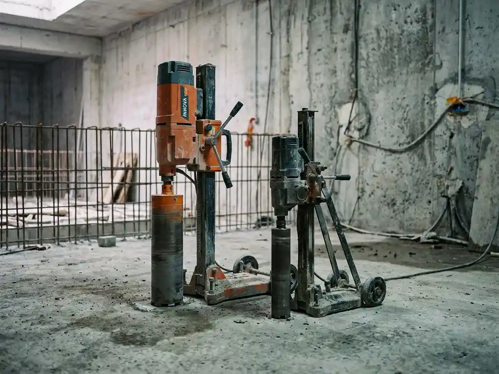 Innova 15HP kernboormachine en verticale variant op betonvloer in onafgewerkte bouwplaats met zichtbaar wapeningsstaal.