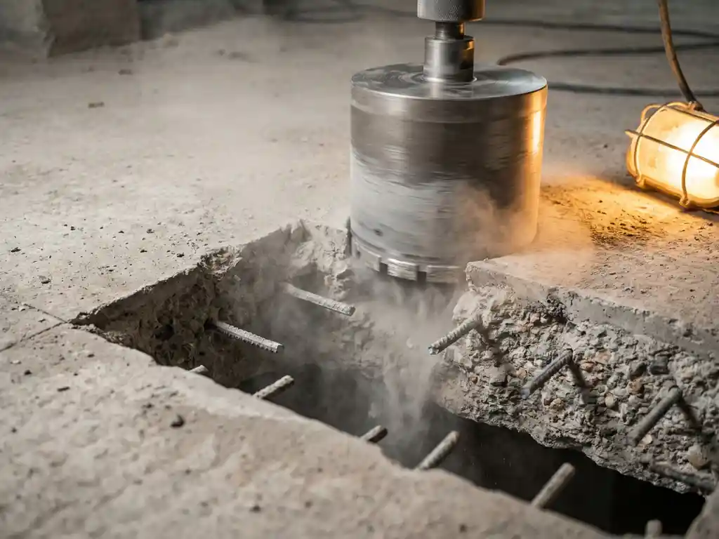 Betonkernboor die een cirkelvormige opening boort in een gewapende betonvloer, met zichtbare staalwapening en fijn grijs stof.