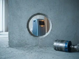 Vers geboord gat in betonnen muur met diamantboorbit ernaast, draagbare airco zichtbaar door de opening.
