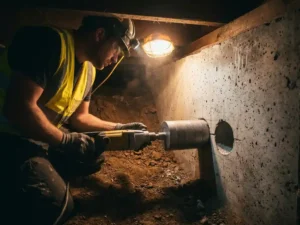 Vakman in kruipruimte die met diamantboor een ventilatieopening door betonnen fundering boort, stofdeeltjes zichtbaar in werklamp.
